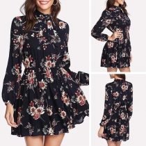 Sweet Style Long Sleeve Mock Neck High Waist Printed Dress