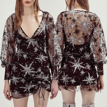 Sexy Gauze Spliced Puff Sleeve V-neck Irregular Hem Sequin Dress