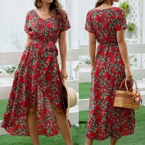 Bohemian Style Short Sleeve V-neck Slit Hem Printed Dress