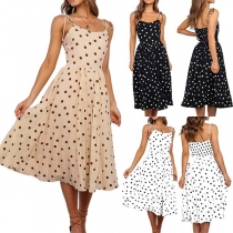 Sexy Backless V-neck High Waist Dots Printed Sling Dress