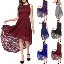 Elegant Solid Color Sleeveless Round Neck High-low Hem Lace Dress