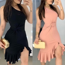 Sexy Sleeveless Round Neck Irregular Ruffle Hem Twisted Dress