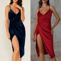 Sexy Backless V-neck Slit Hem Solid Color Sling Dress