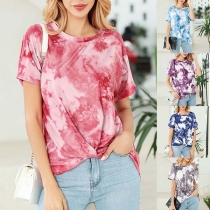 Fashion Short Sleeve Round Neck Twisted Hem Tie-dye Printed T-shirt