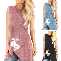 Fashion Sleeveless Round Neck Irregular Hem Printed Top