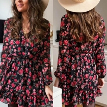 Sexy Deep V-neck Long Sleeve Ruffle Hem Printed Dress