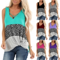 Fashion Leopard Spliced Sleeveless V-neck Twisted Hem Top