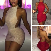 Sexy Backless Solid Color Slim Fit Halter Dress