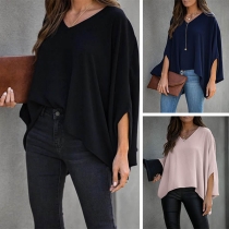 Fashion Solid Color 3/4 Dolman Sleeve V-neck Irregular Hem Loose Top