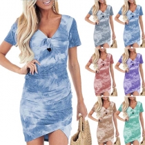 Fashion Short Sleeve V-neck Irregular Hem Tie-dye Printed Dress