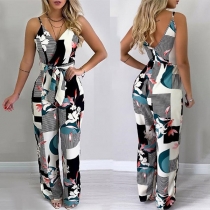 Sexy Backless V-neck High Waist Printed SSling Jumpsuit