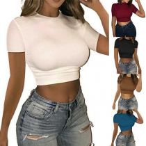 Sexy Solid Color Short Sleeve Round Neck Crop Top