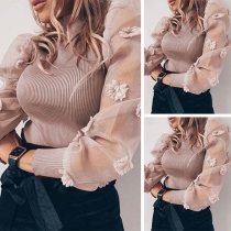 Fashion Gauze Spliced Lantern Sleeve Mock Neck Knit Top