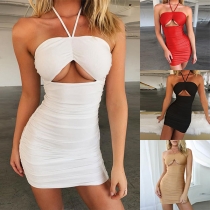 Sexy Backless Hollow Out Solid Color Slim Fit Halter Dress