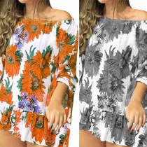 Sweet Style Off-shoulder Boat Neck Ruffle Hem Printed Top