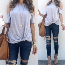 Sexy Off-shoulder Short Sleeve Round Neck Twisted Hem T-shirt