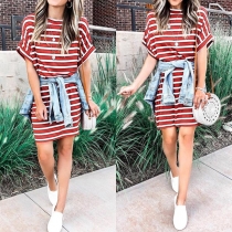 Fashion Short Sleeve Round Neck Striped T-shirt Dress
