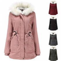 Fashion Solid Color Faux Fur Spliced Hooded Padded Coat