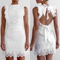 Sexy Backless Lace Spliced Sleeveless Slim Fit Ruffle Dress