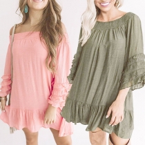 Sexy Boat Neck Lotus Sleeve Solid Color Loose Dress