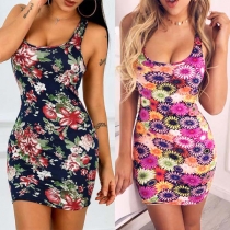 Fashion Sleevelelss U-neck Slim Fit Printed Dress