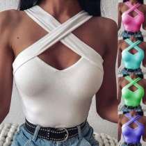 Sexy Off-shoulder Crossover Halter Solid Color Top