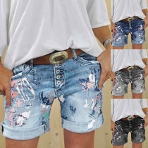Modetryckta jeansshorts med hög midja