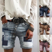 Fashion High Waist Patch Spliced Denim Shorts