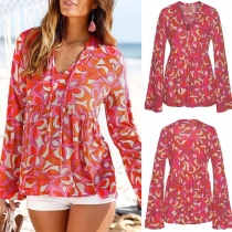 Fashion V-neck Trumpet Sleeve Printed Top