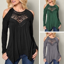 Sexy Off-shoulder Long Sleeve Irregular Hem Lace Spliced Top