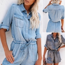 Fashion Short Sleeve POLO Collar High Waist Slim Fit Denim Romper
