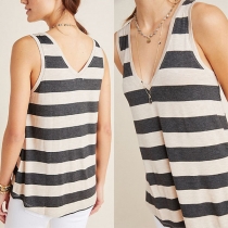 Casual Style Sleeveless V-neck Striped Top