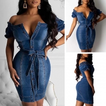 Sexig off-shoulder båthals kortärmad figursydd denimklänning