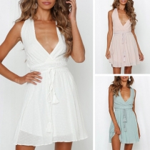 Sexy Backless Deep V-neck High Waist Solid Color Dress