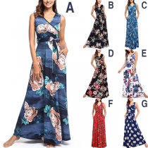 Fashion Sleeveless V-neck High Waist Printed Maxi Dress