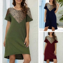 Fashion Leopard Spliced Short Sleeve Round Neck Dress