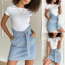 Fashion Solid Color High Waist A-line Skirt with Waist Strap