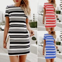 Fashion Short Sleeve Round Neck Slim Fit Striped Dress