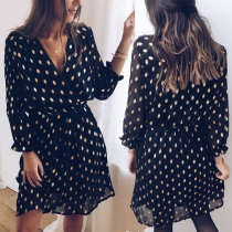 Fashion Long Sleeve V-neck Gold Dots Printed Dress