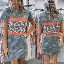 Casual Style Short Sleeve Round Neck Camouflage Printed T-shirt Dress