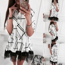 Fashion Gauze Spliced Hem Long Sleeve Printed Shirt Dress
