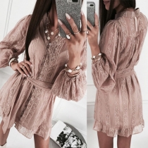Sexy Lace Spliced V-neck Puff Sleeve Dress