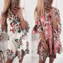 Sweet Style 3/4 Trumpet Sleeve V-neck Printed Dress