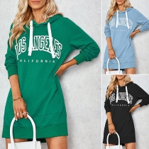 Fashion Letters Printed Long Sleeve Hooded Sweatshirt Dress