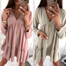 Fashion Solid Color Long Sleeve V-neck Ruffle Hem Loose Dress