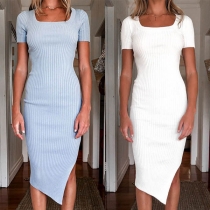 Fashion Solid Color Short Sleeve Square Collar Slit Hem Dress