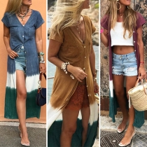 Chic Style Short Sleeve V-neck Contrast Color Cardigan