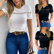 Fashion Solid Color Lotus Sleeve Round Neck Hollow Out T-shirt