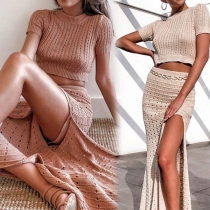 Sexy Short Sleeve Crop Top + Slit Hem Fishtail Skirt Two-piece Set