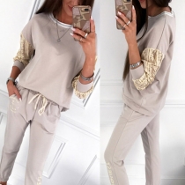 Fashion Lace Spliced Long Sleeve Sweatshirt + Pants Sports Suit
